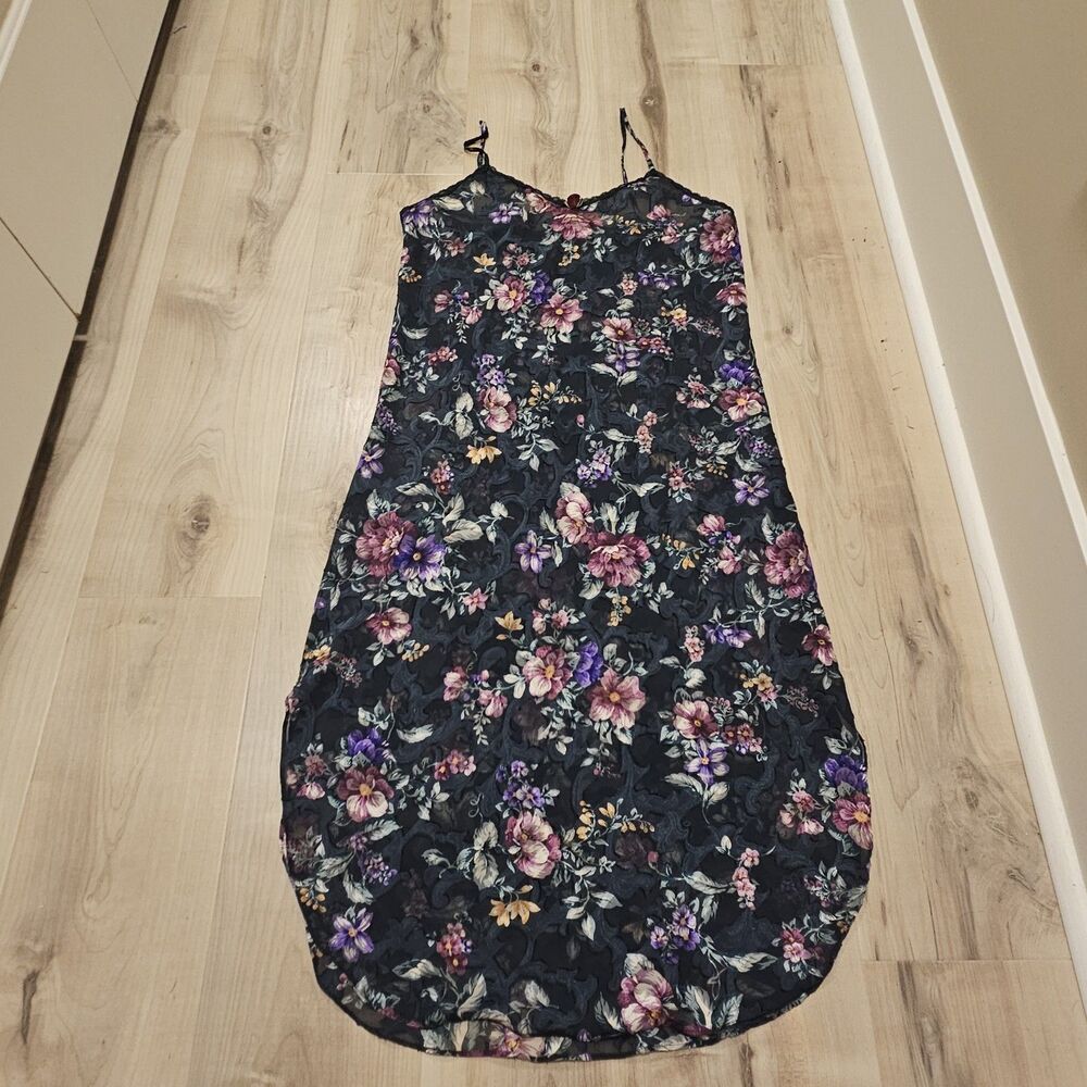 Vintage 90s Slip Dress Lingerie Green Floral Satin Romantic Whimsy Medium Lace